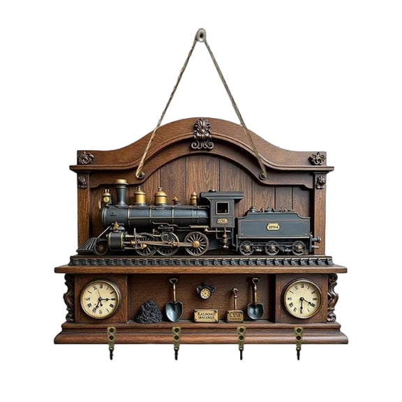 Ruanlalo Wooden Highland Cattle Key Holder with 4 Hooks Vintage Train Wall Mount Key Organizer Multi-purpose Home Office Entryway Decorative Key Hanger Rack