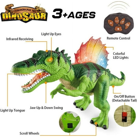 R/C Spinosaurus Dinosaur , Big Action Figure Jurassic World Toy, Walking Robot Toys with LED Light Up Roaring, Realistic Simulation Sounds. Green