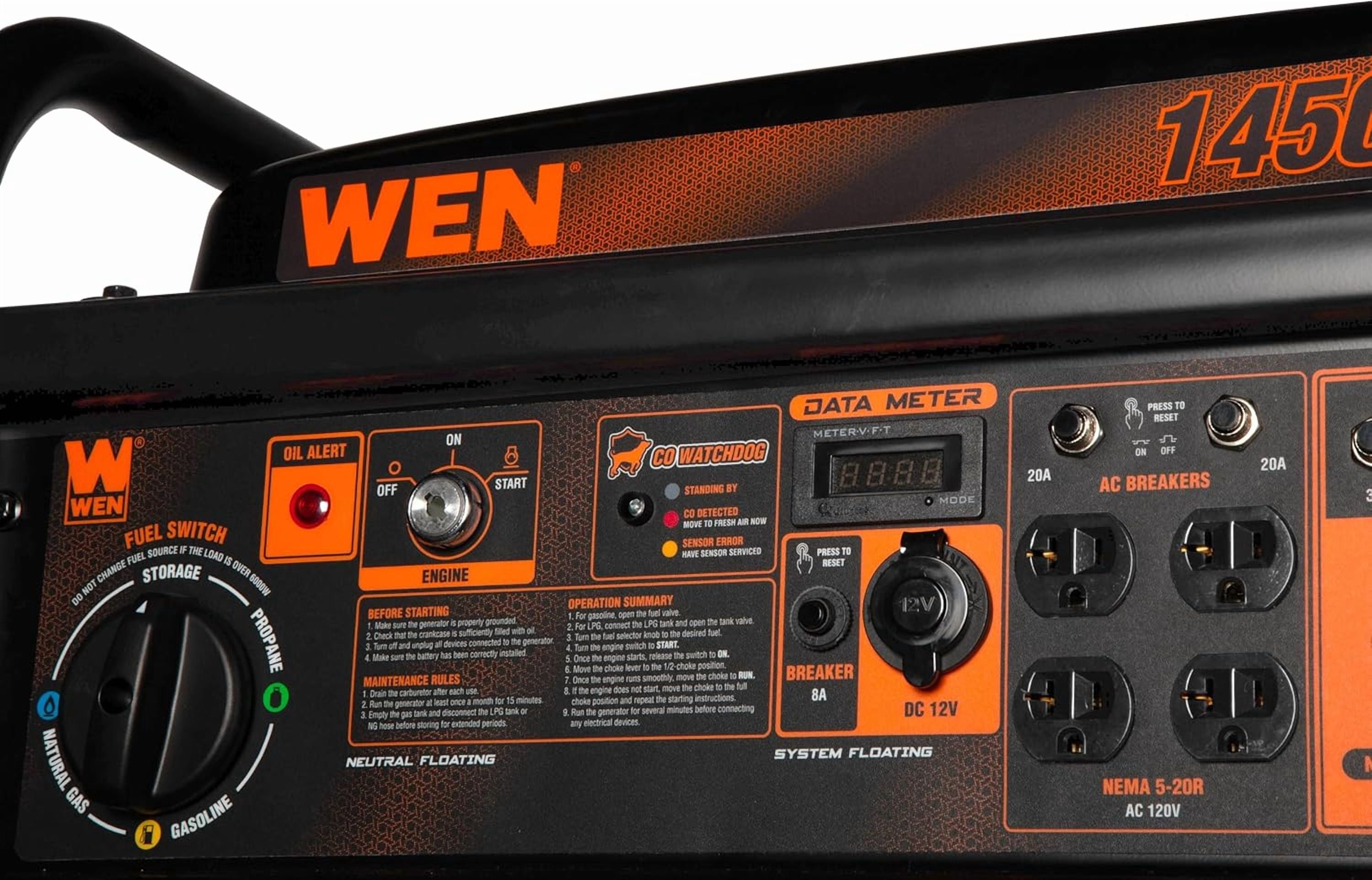 WEN 14,500-Watt 120V/240V Tri-Fuel Generator for Gas, Propane, and Natural Gas, Transfer-Switch Ready with Electric Start, Wheel Kit, and CO Watchdog (TF-1450X)