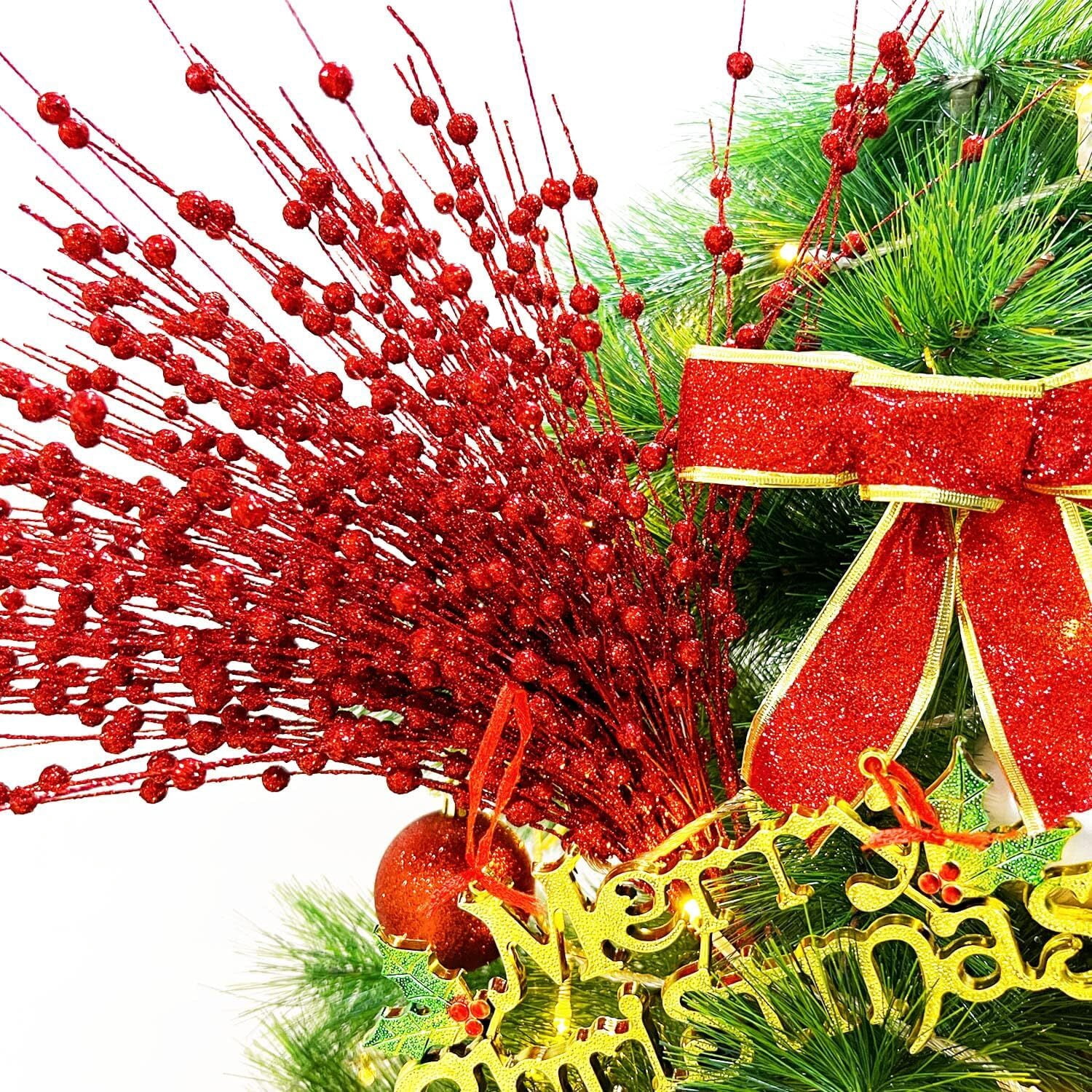 30 Pack Artificial Glitter Berry Stem Ornaments 15.7in Decorative Christmas Picks Glittery Bead Sticks Branches for Christmas Tree Decor DIY Wreath Crafts Home Decor (Red)