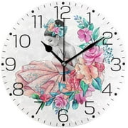 Popeven 12'' Wall Clock Non Ticking Silent Art Decorative Round Clock for Living Room Kitchen Bedroom Office School Watercolor Ballerina Flower Girl Pink Dress