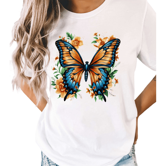 UNISHE Women's Monarch Butterfly with Floral Frame Graphic White Short Sleeve T-Shirt Casual Cotton Crewneck Top