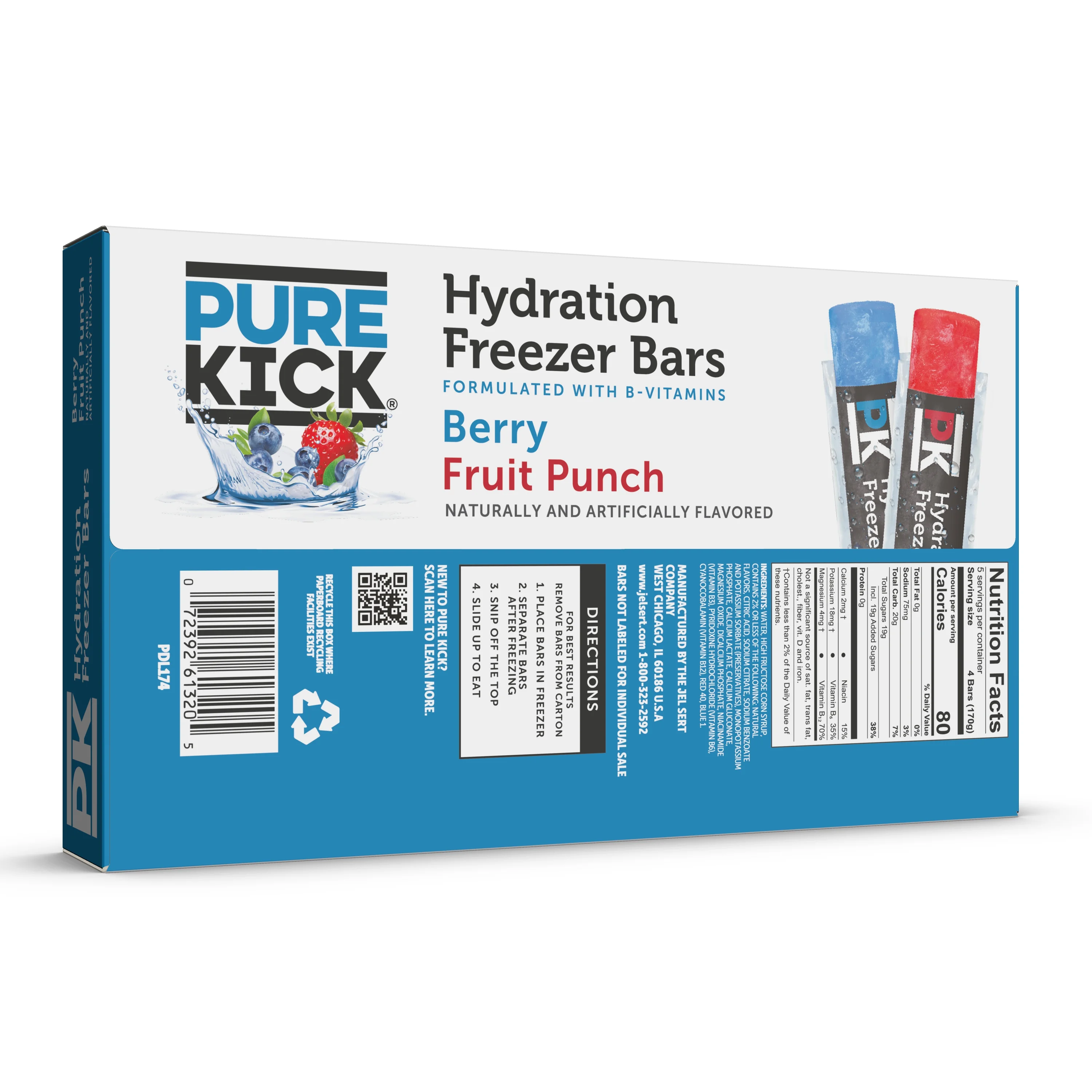 Pure Kick Hydration Ice Pops Variety Pack with B Vitamins, Berry & Fruit Punch Flavors, Gluten-Free, 1.5oz, 20 Count