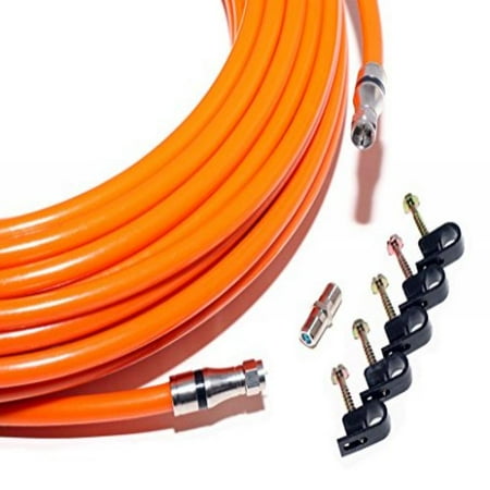 - 250 FT RG11 CABLE with F Connectors on each end - Orange Tri-Shield Underground Coaxial DIRECT BURIAL Gel Coated Flooded COAX Indoor / Outdoor - plus extra barrel & 5 screw clips / by CableProof
