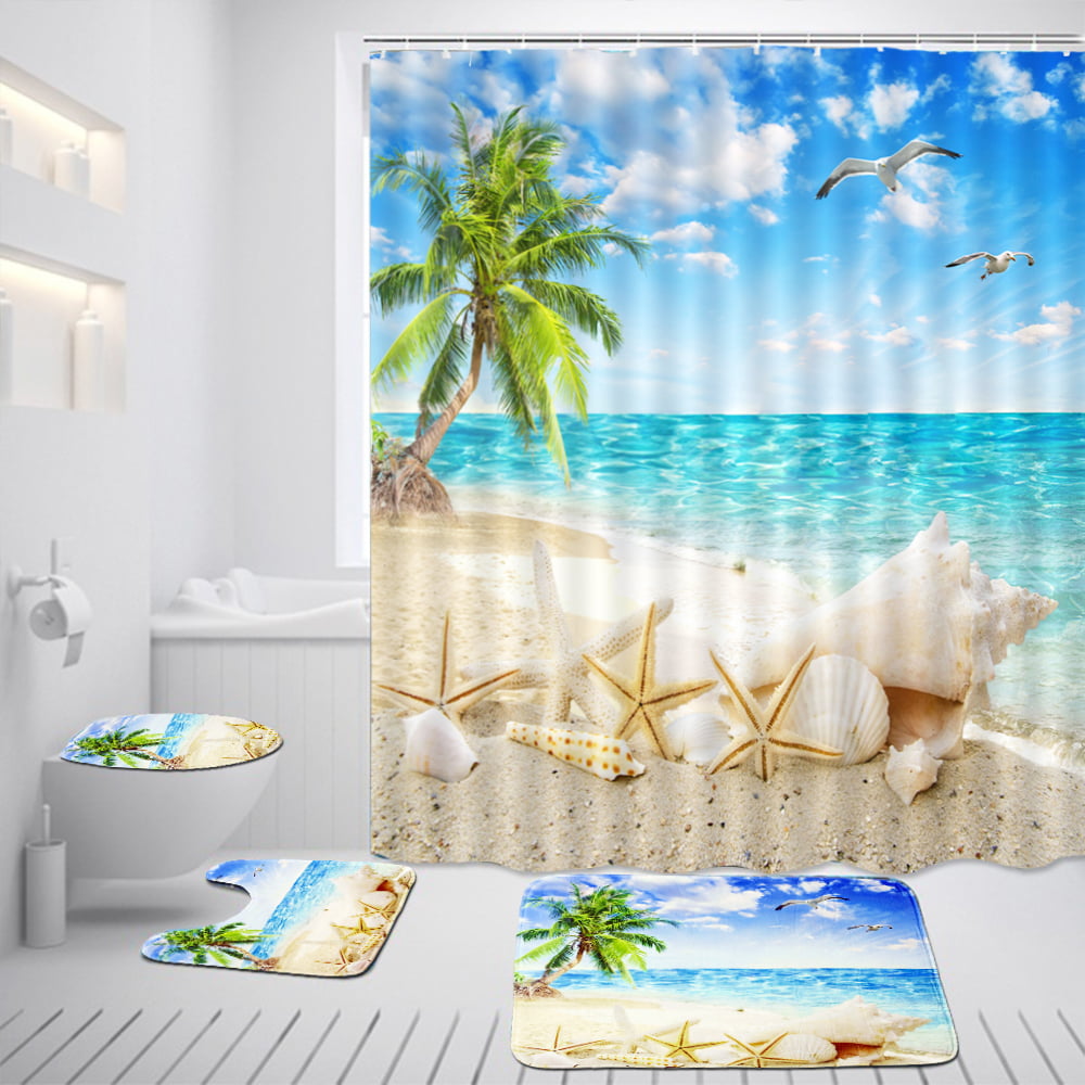 3D Coconut Tree Beach Mat Toilet Lid Cover Bathroom Rugs Shower Curtain 