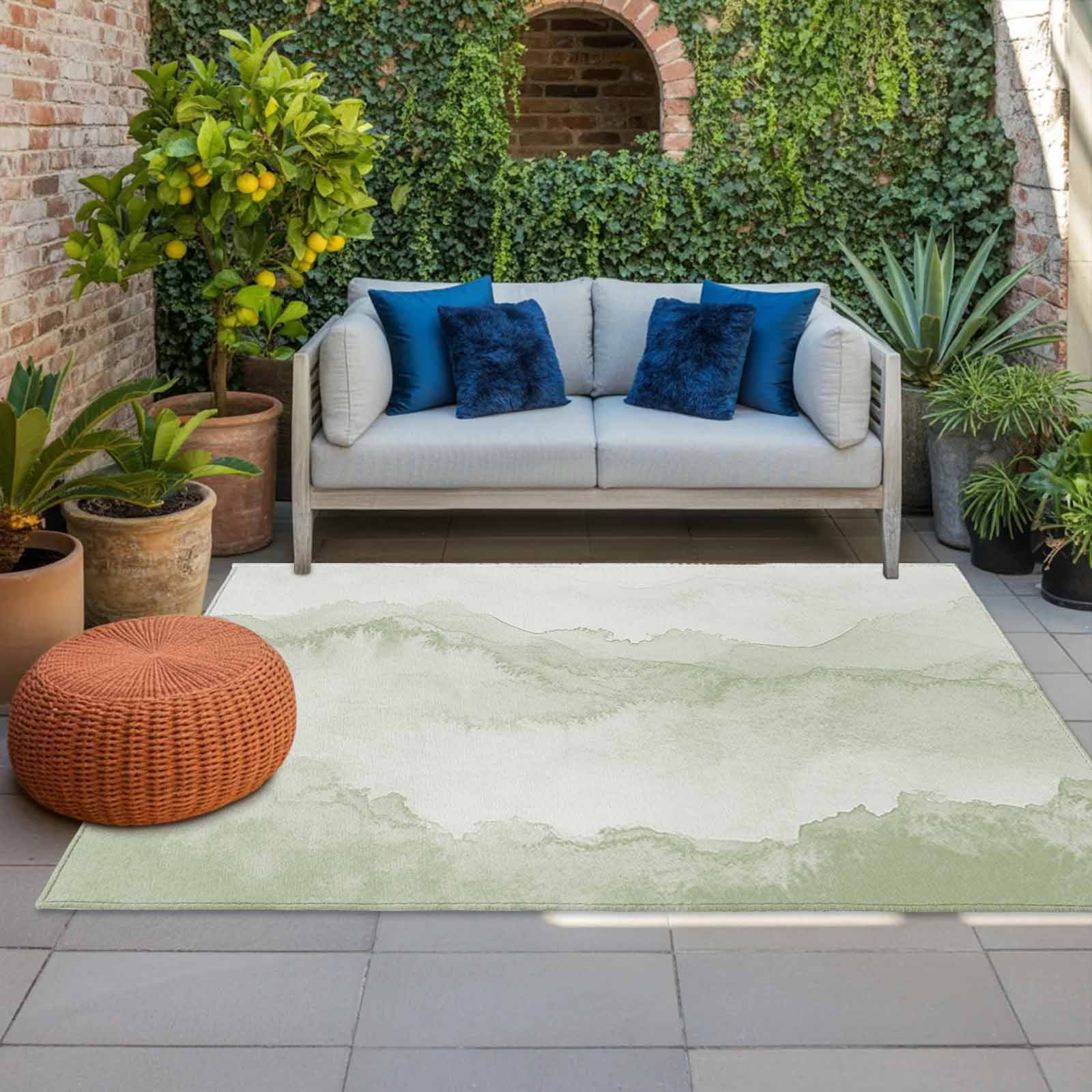 5' x 8' Outdoor Rug, Sage Green Ombre Mountain Outdoor Washable Rug Large Floor Carpet, Nature Abstract Art Marble Non Shedding Area Rug for Outside Patio RV Porch Deck Balcony Camping Living Room