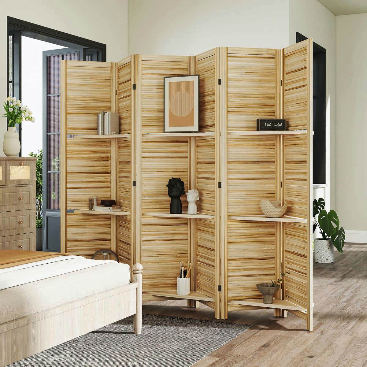 Spaco 6 Panel 67" Tall Wood Privacy Screen, Room Divider, Privacy Screen with 3 Shelves and Folding Storage for Indoor as Living Room, Bedroom, Natural