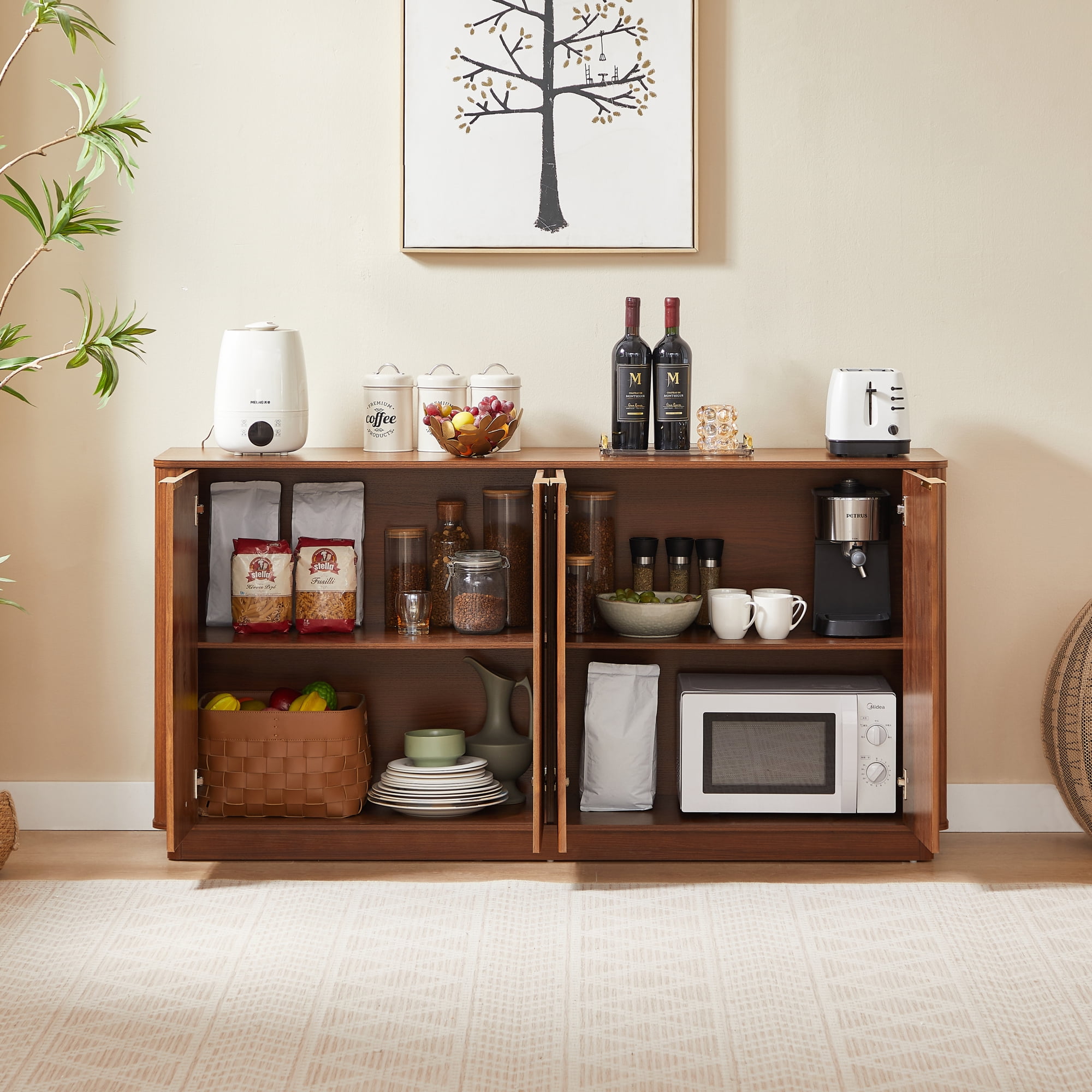 Leumius 63" Vertical Stripe Buffet Cabinet Sideboard with stoarge, Curved Wave Design, TV Stand for Bedroom Living Room Hallway Walnut