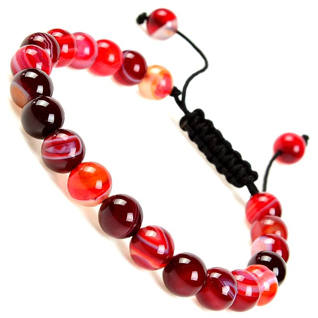 Natural Healing Power Gemstone Crystal Beads Unisex Adjustable Macrame Bracelets 8mm,Agate Red