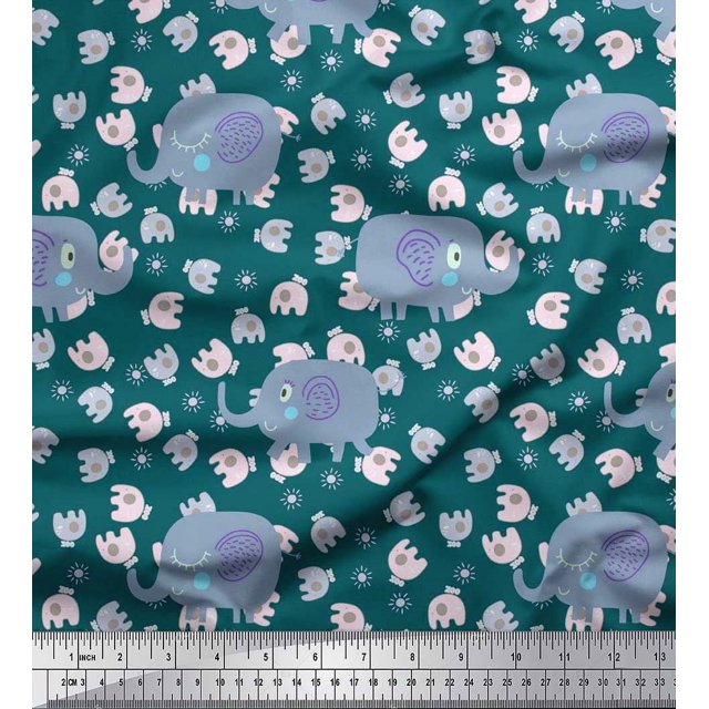 Soimoi Poly Georgette Fabric Cute Elephant Kids Printed Craft Fabric by The Yard 52 Inch Wide