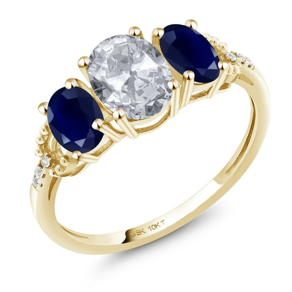 Gem Stone King 10K Yellow Gold 3-Stone Diamond Engagement Ring 2.12 Ct Oval White Topaz Blue Sapphire (Size 8)