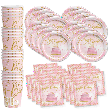 60th Pink and Gold Birthday Party Supplies Set Plates Napkins Cups Tableware Kit for 16