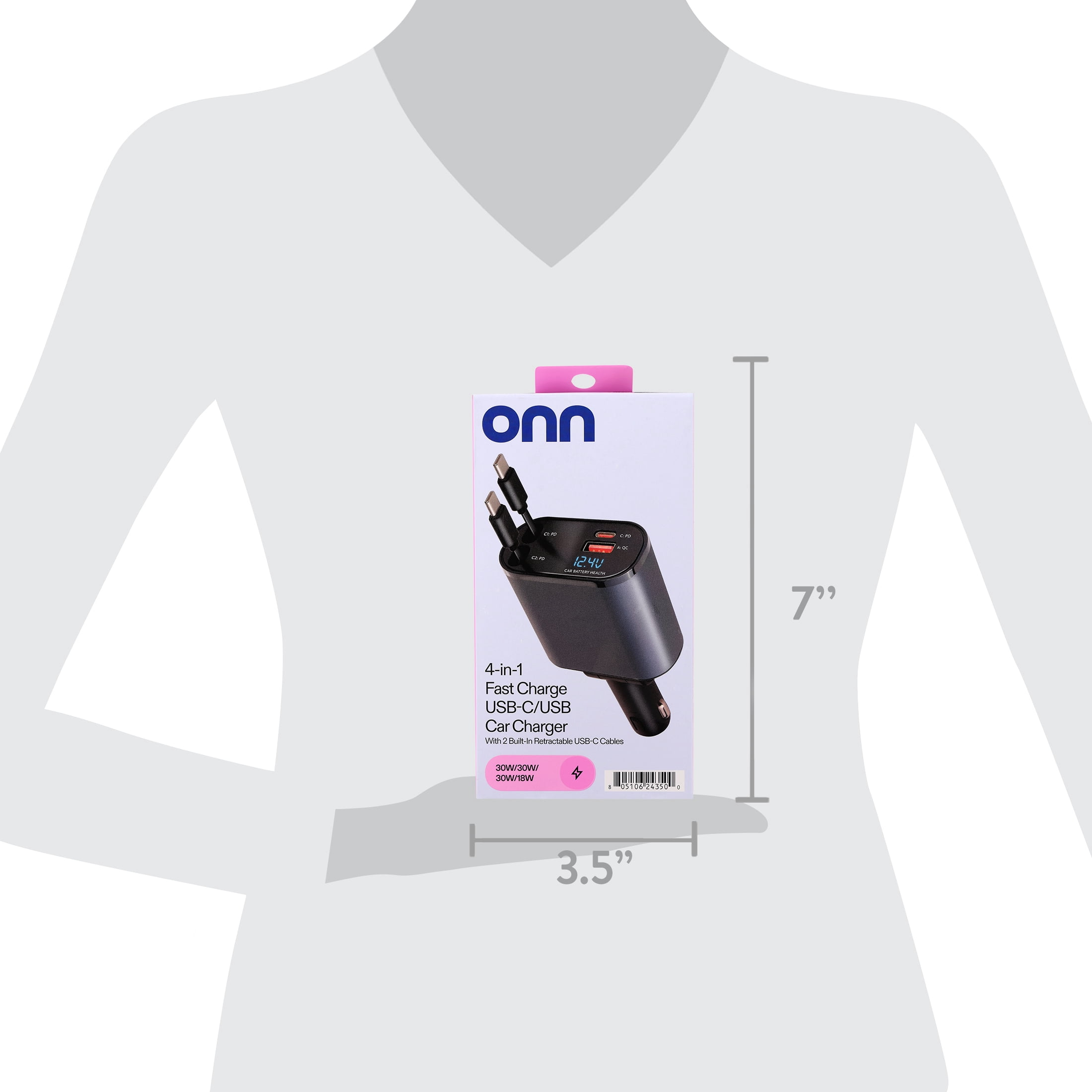 onn 4-in-1 Fast Charge USB-C/USB Car Charger