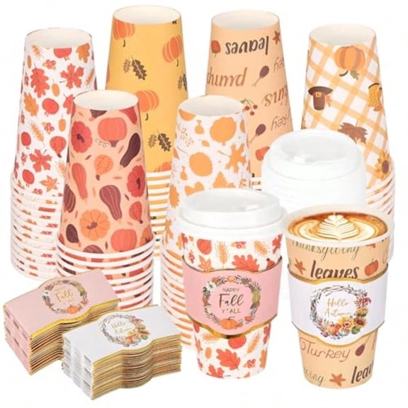 72 Set Fall Disposable Coffee Cups with Lids and Sleeves Fall Themed Disposable Coffee Cups for Hot or Cold Drinks Pumpkin Maple Leaf Paper Drinking To Go Cups for Autumn Harvest Party plies