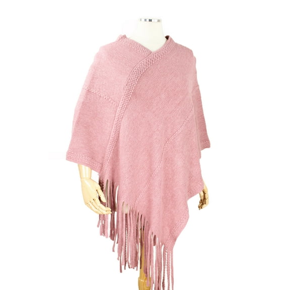 StylesILove Women Trendy Brushed Soft Knit Poncho with Fringe Trim Chic Shawl (Pink)