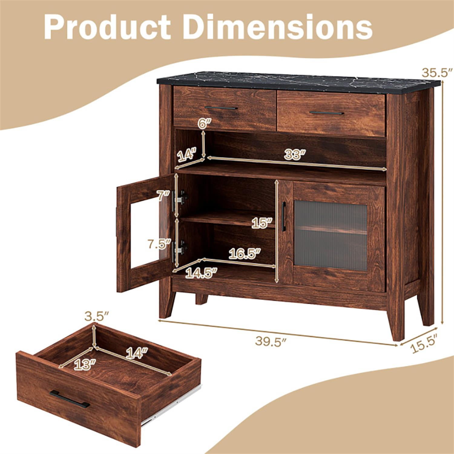 Demi Bonn 39" Sideboard Buffet Cabinet with 2 Drawers and 1 Open Compartment, Kitchen Storage Cabinet, Wood Coffee Bar Buffet Table for Dining Room, Brown