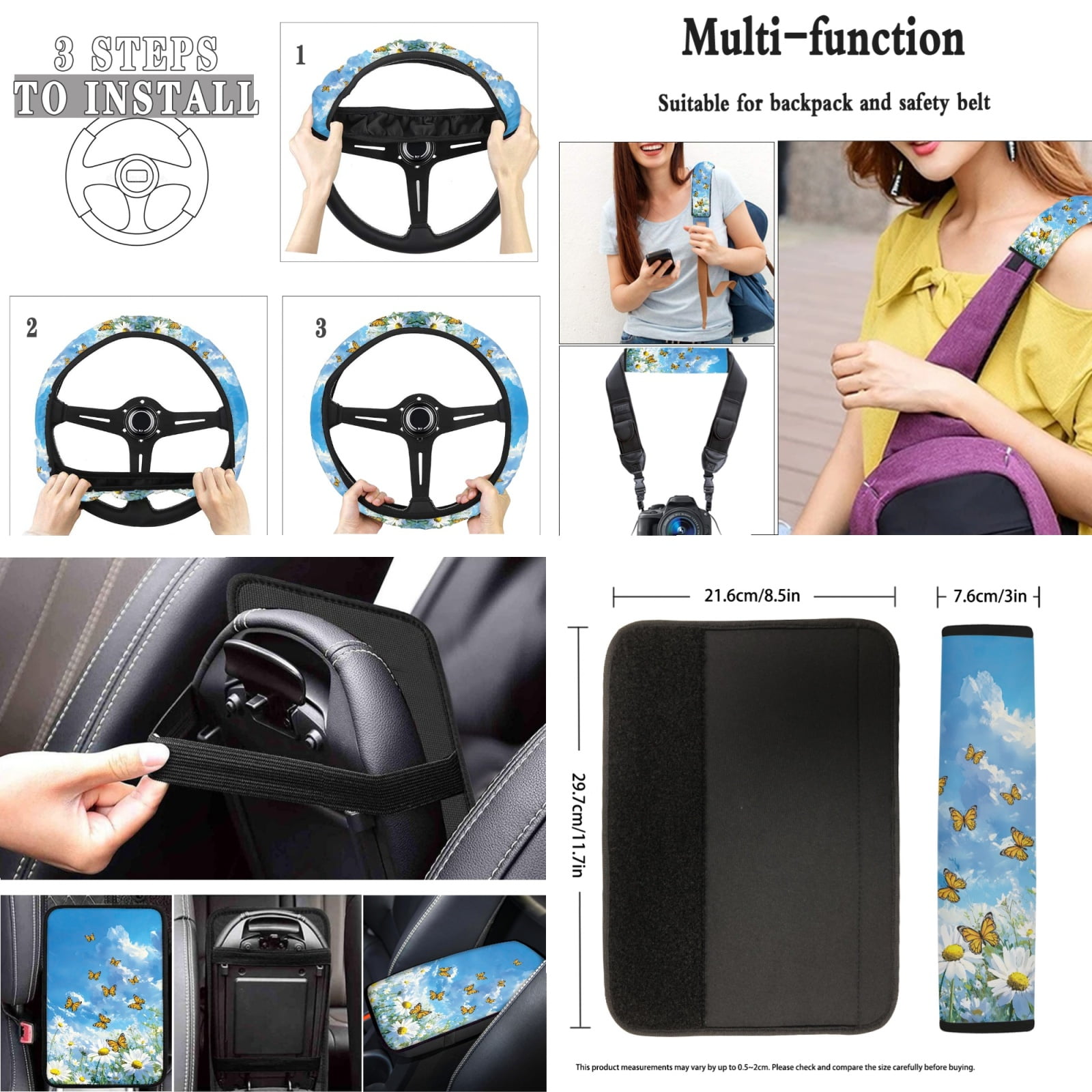 Jeiento Daisy Car Seat Cover Full Set 17 Pack Car Floor Mats Steering Wheel Cover Keychains Seatbelt Pad Armrest Cover Butterfly Cup Coasters Blue Lipstick Holder Universal Fit for SUV Sedan Van