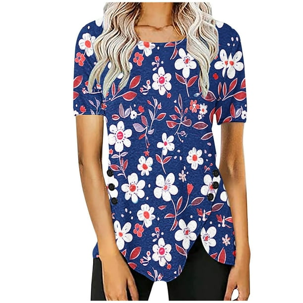 Blusas de Manga Corta para las Mujeres Botón Impreso Cuello Redondo Top Casual, Blusas para las Mujeres Casual