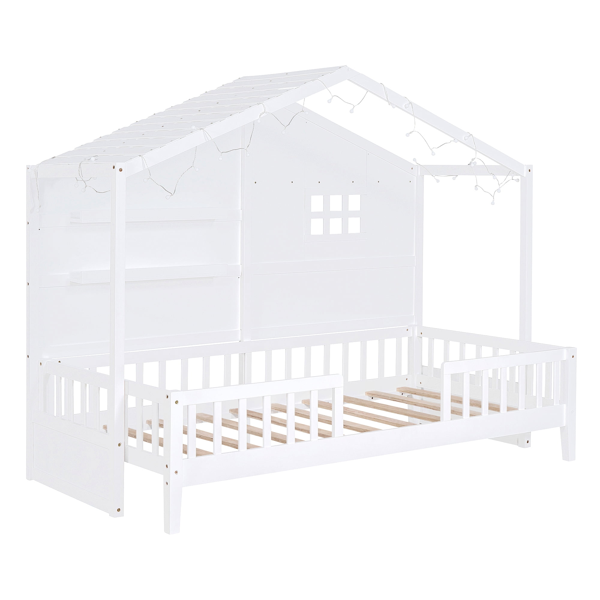 Harper & Bright Designs Twin Size House Bed with Storage Shelves and Rails, Wood Kids Montessori Bed Frame with Window and Sparkling Light Strip on The Roof for Boy Girls, White
