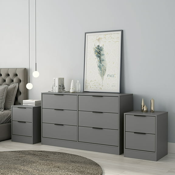 Kappesberg New Fresno 3-Piece Bedroom Set, One 6-Drawer Dresser & Two 2-Drawer Nightstands, Grey - for Adults and Teens