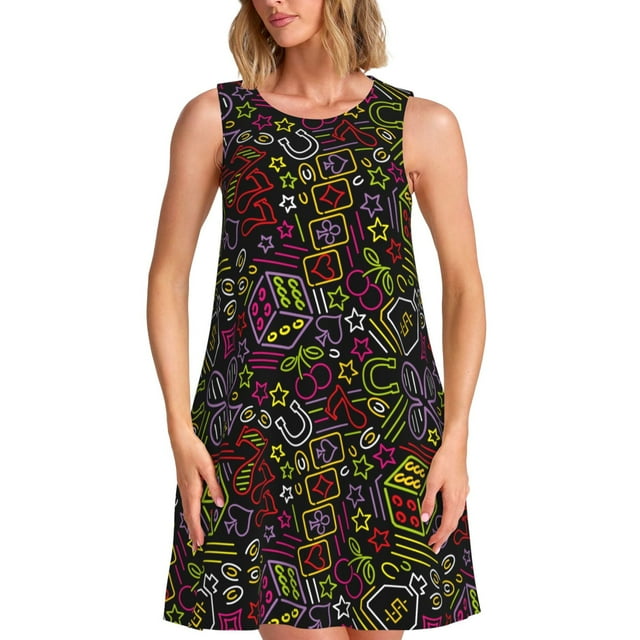 Easygdp Casino Icons para Vestido Transpirable de Mujer, Vestido Suelto de Manga Corta con Pliegues y Bolsillos para el Verano