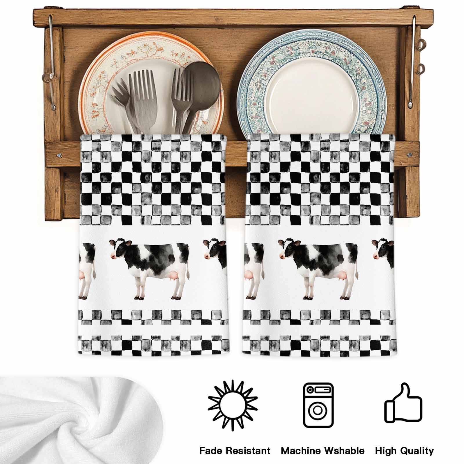 Black Plaid Farmhouse Kitchen Towels Set of 1, Watercolor Cute Country Cow Checkered Absorbent Dish Towels for Kitchen, Microfiber Hand Towel, Quick Drying Tea Towel for Cleaning Dishcloths