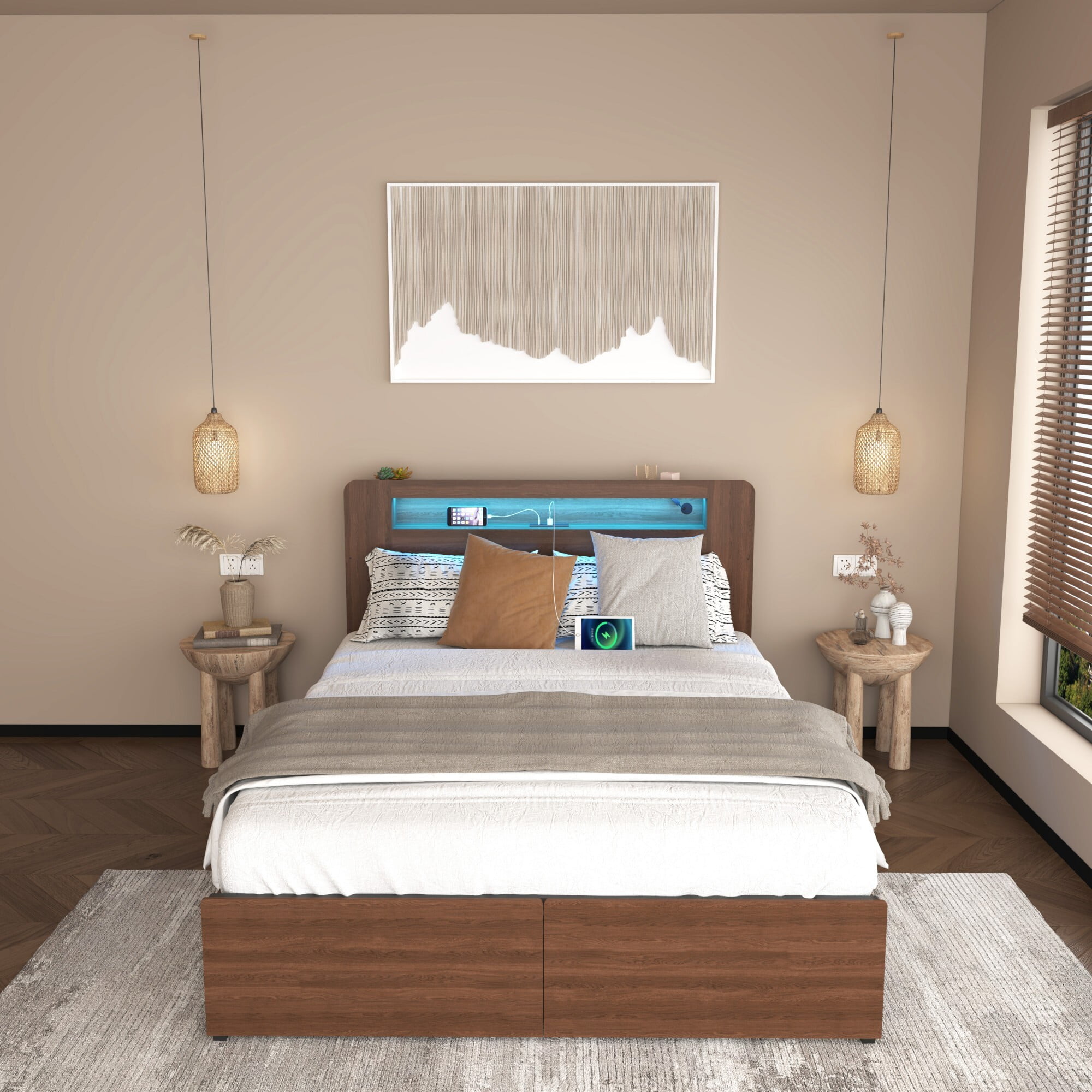 AENKYO Full Size Bed Frame with Bookshelf Headboard, Charging Station, 2 Drawers & Smart LED Lights, Walnut Color