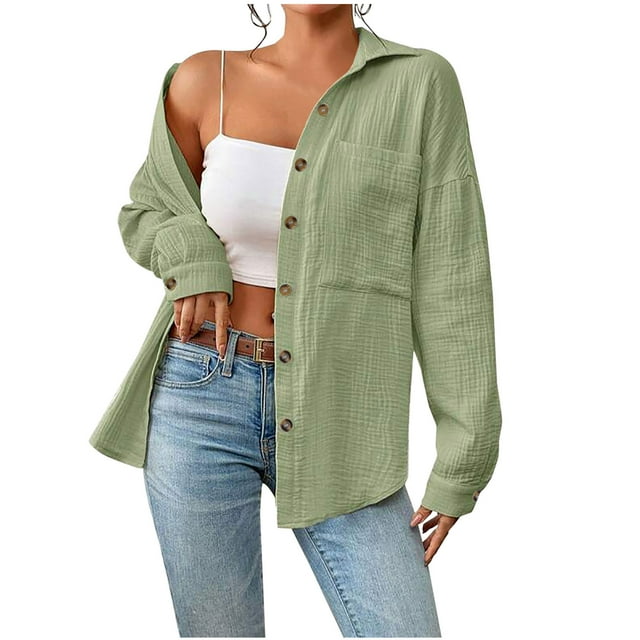 Yuyuzo Womens Button down Shirt Collared Long Sleeve Dressy Oversized Blouses with Front Pocket