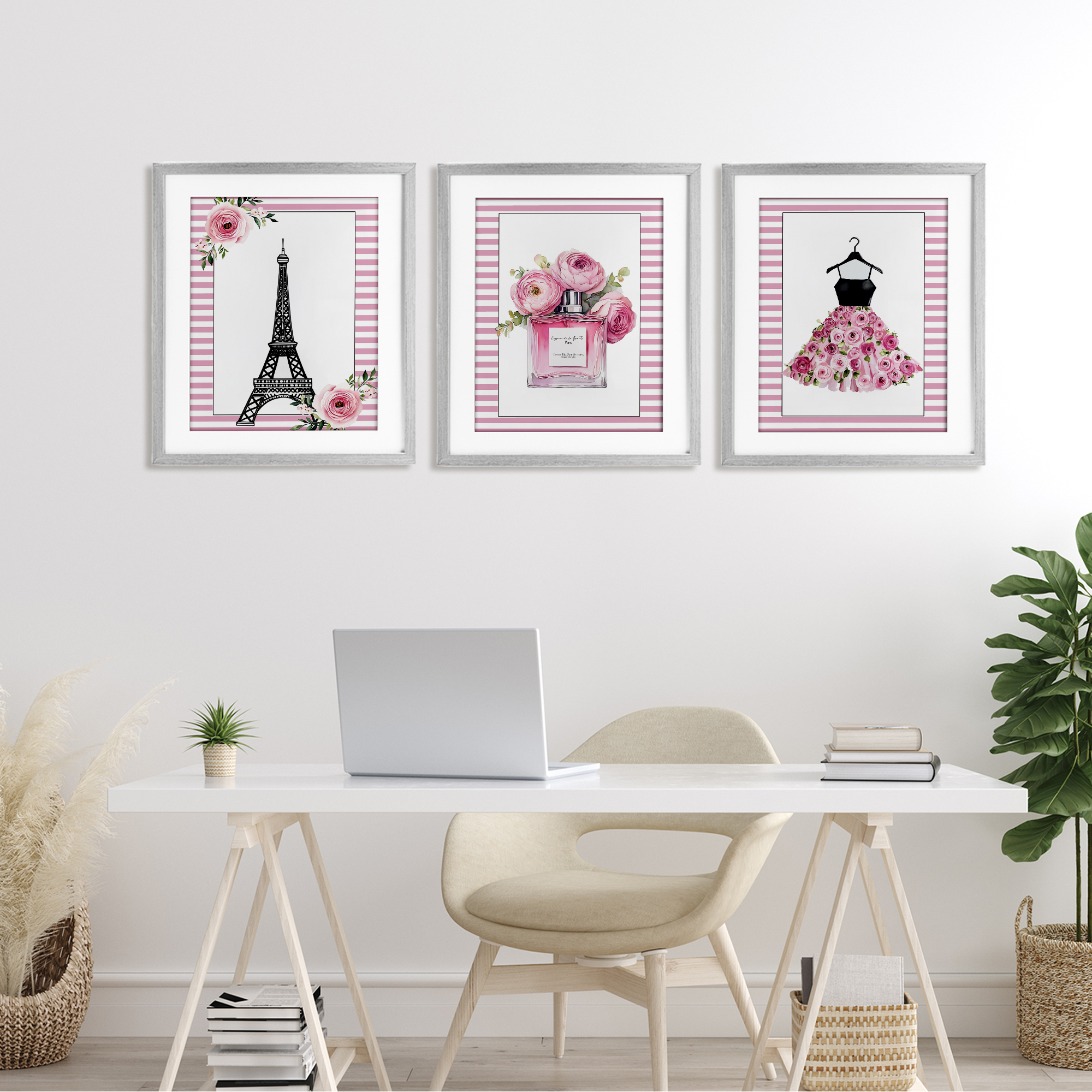 Parisian Glam with Stripes 3 Piece Gray Framed Print Under Glass Set, design by Christine Simpson Art