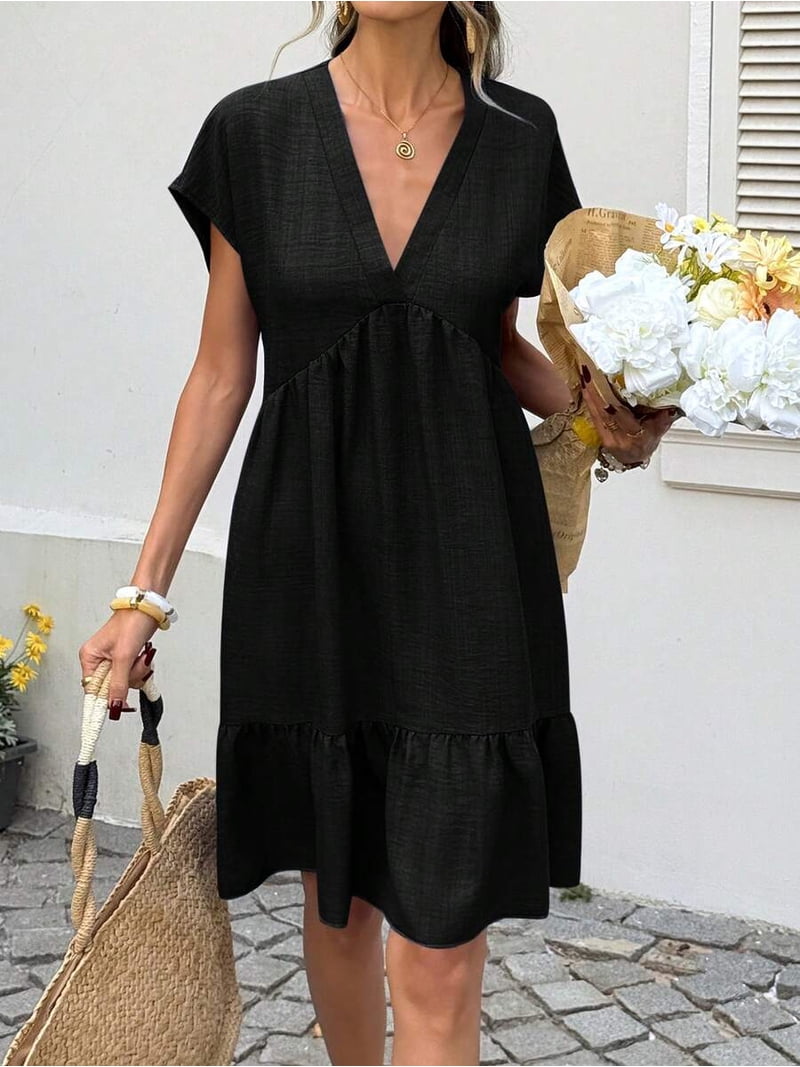 Black Womens Casual Boho V-Neck Ruffled Doll Dress Summer Picnic Cottagecore Short Dress