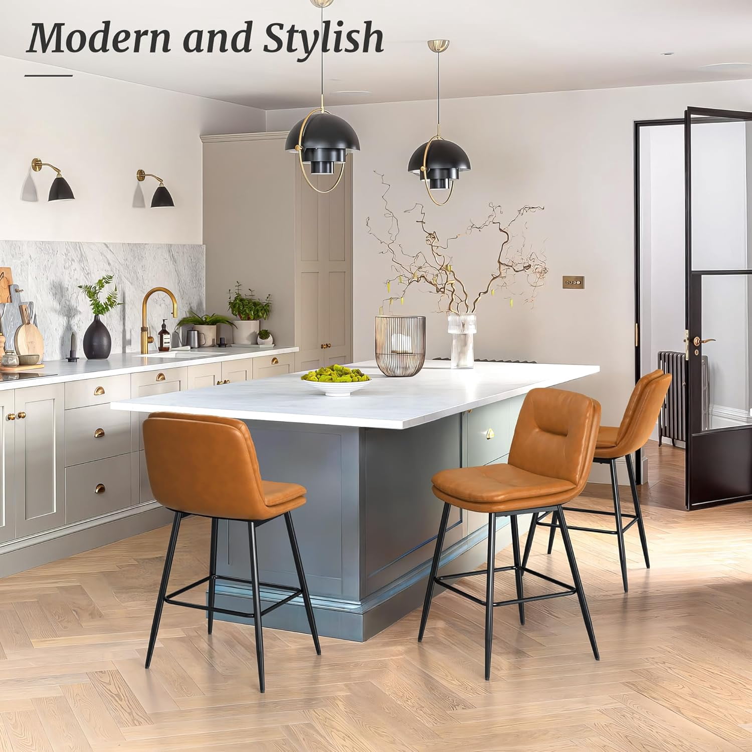 Dycanpo 24”H Bar Stools Set of 3, Double-Layer Upholstered, for Home Kitchen, Whiskey Brown