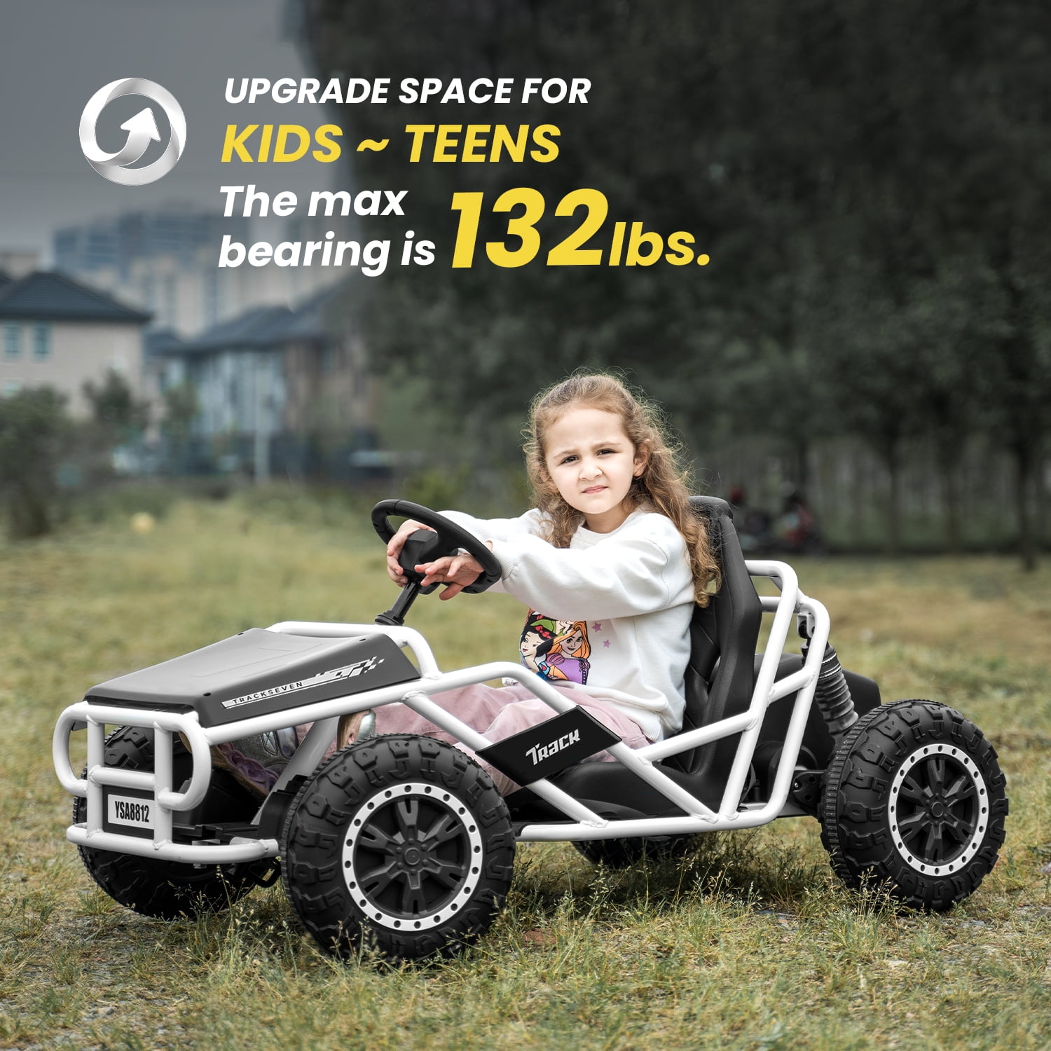 Track 7 24V Electric Go Kart, Racing Go Kart, Independent Electronic Brake Foot Pedal, Durable Full Steel Frame, 4 Mph Max Speed Electric Go Kart, 24V Outdoor Ride On Car for Kids Age 6+, Black