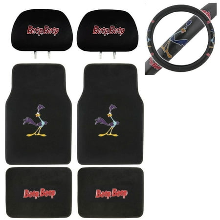 Road Runner 4 Pc Carpet Floor Mats And 2 Head Rest With Wheel