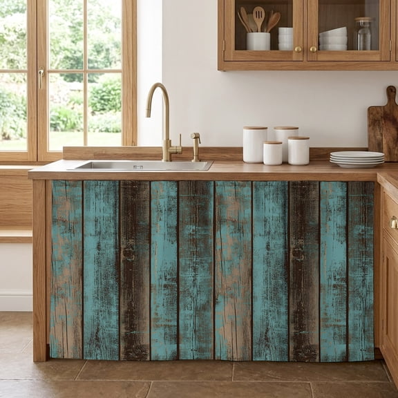 Cabinet Curtain 28''W x 51''L, Teal Wood Grain Under Sink Curtain Drapes, Gradient Farm Old Wooden Board Vintage Self Adhesive Cabinet Skirt for Kitchen/Bathroom Vanity/Laundry Room/Open Shelf/Pantry