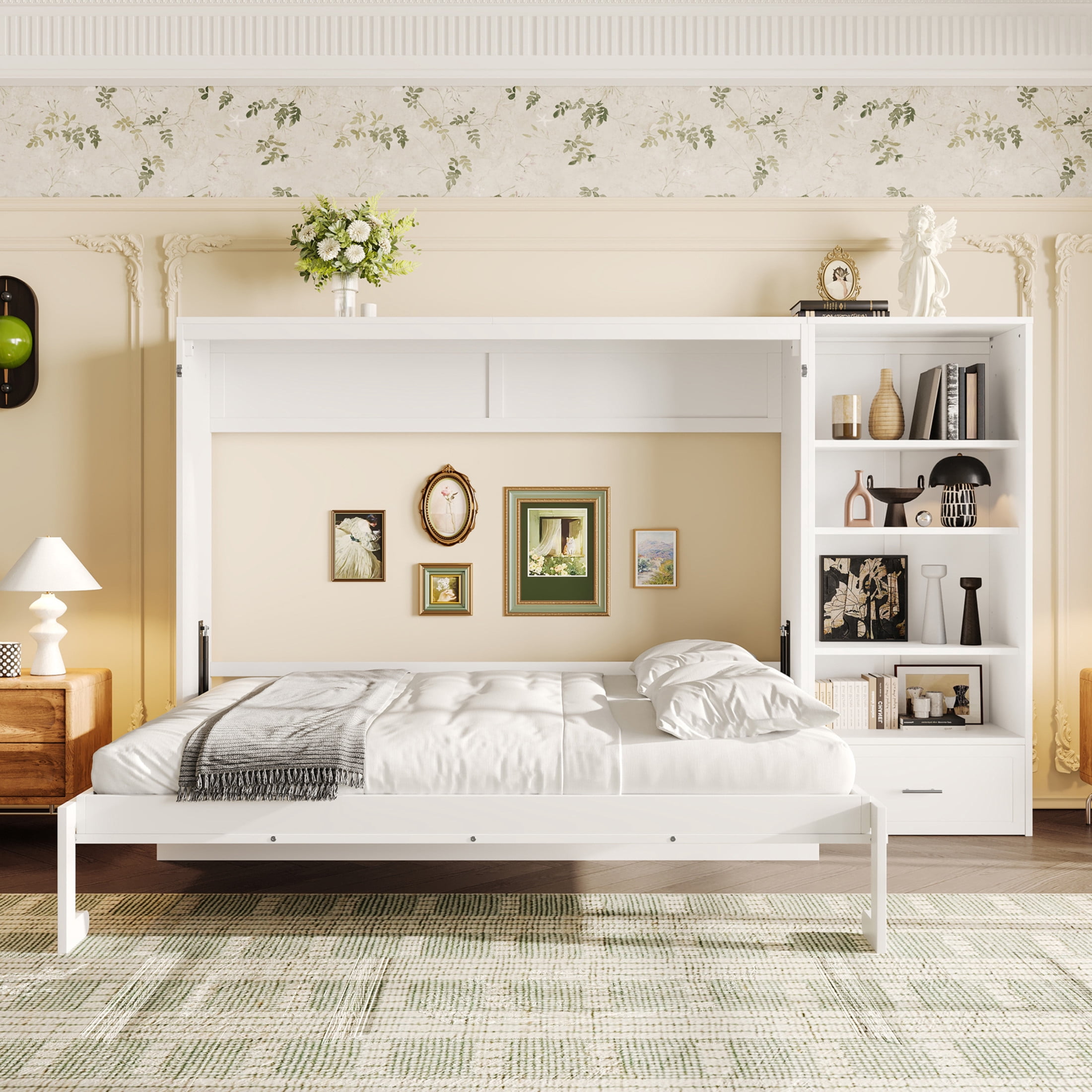 Noble House Queen Murphy Bed with Adjustable Storage Shelves and Drawer, Foldable Wall Bed Frame, White