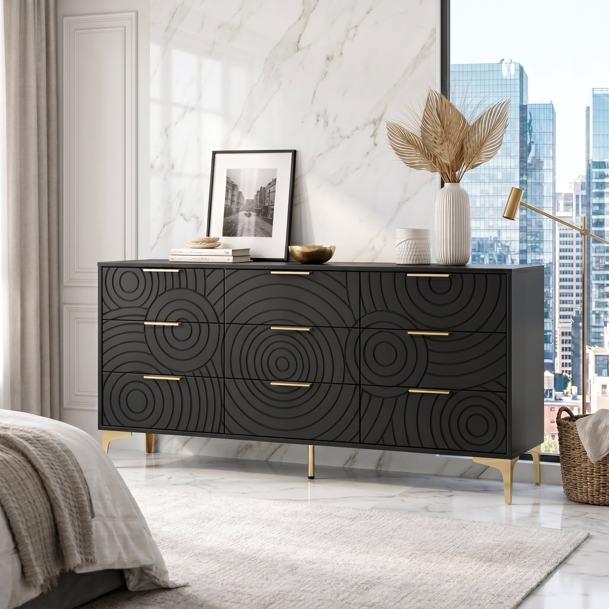 AISWORD 9 Drawer Dresser, Modern Wooden Dresser Chest with Metal Handles, Large Storage for Bedroom, Black