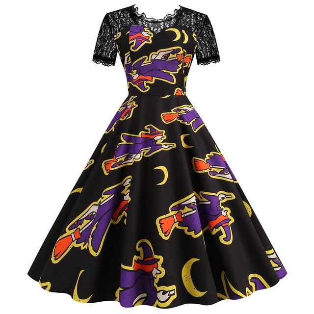 ERFCXS Costume d'Halloween pour Femmes Fantôme Marche Feu de Camp Veilleuse Citrouille Imprimé Dentelle Robe à Manches Courtes Rétro Jeu de Rôle Robe Swing Chauve-Souris Confortable Cosplay Robe à Fermeture Éclair Jaune P