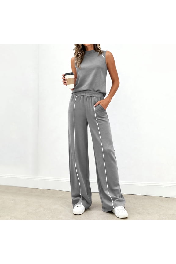 Two Piece Set for Women Summer Outfits Mock Neck Sleeveless Tank Top Wide Leg Pants Athletic Matching Sets Gray S