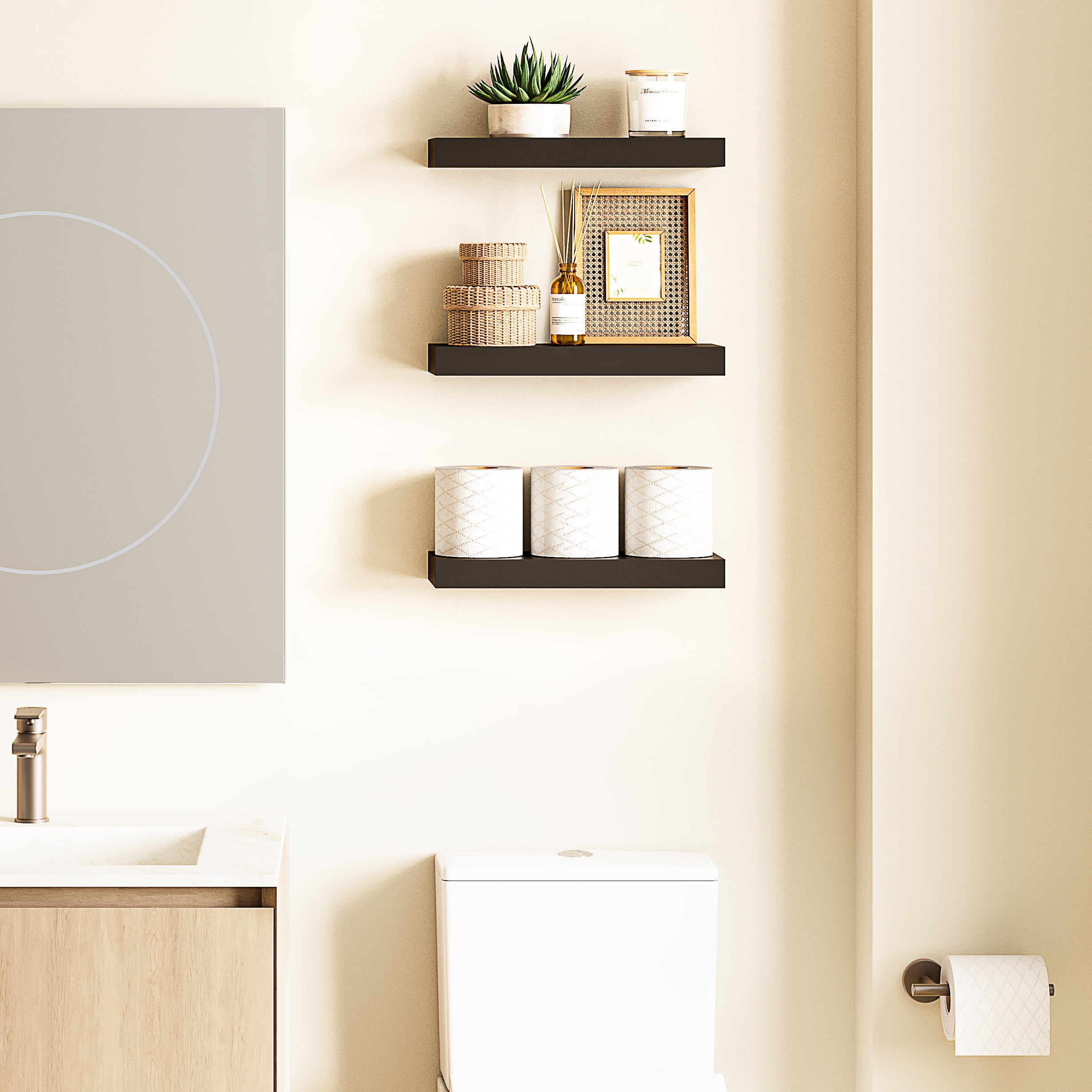 Ballucci 16" Floating Shelves for Wall, 3-Pack with Invisible Brackets, 6" Deep, Black