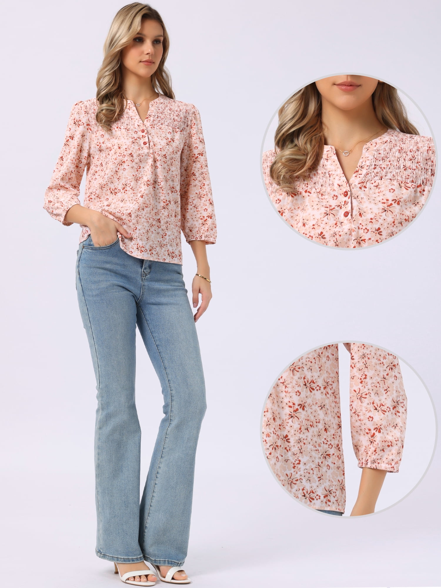 DARING DIVA Women's Floral 3/4 Sleeve Smocked Front V Neck Blouses S Light Pink