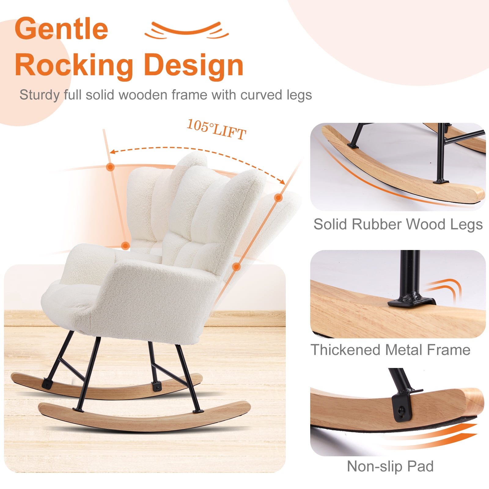 EDX Modern Rocking Chair, Teddy Upholstered Glider Rocker with High Backrest and Armrests for Living Room & Bedroom, Beige