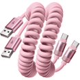 thumbnail image 1 of Cable USB C LISEN rosa de 1,2 m enrollado, paquete de 2 unidades para iPhone y Android, 1 of 8