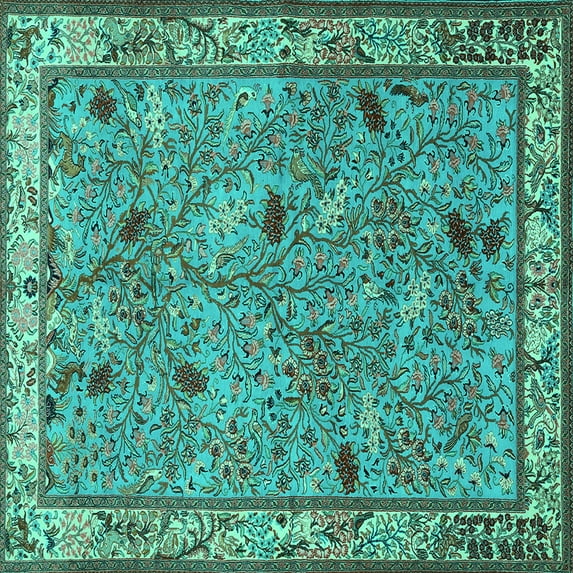 Ahgly Company Machine Washable Indoor Square Animal Turquoise Blue Traditional Area Rugs, 5' Square