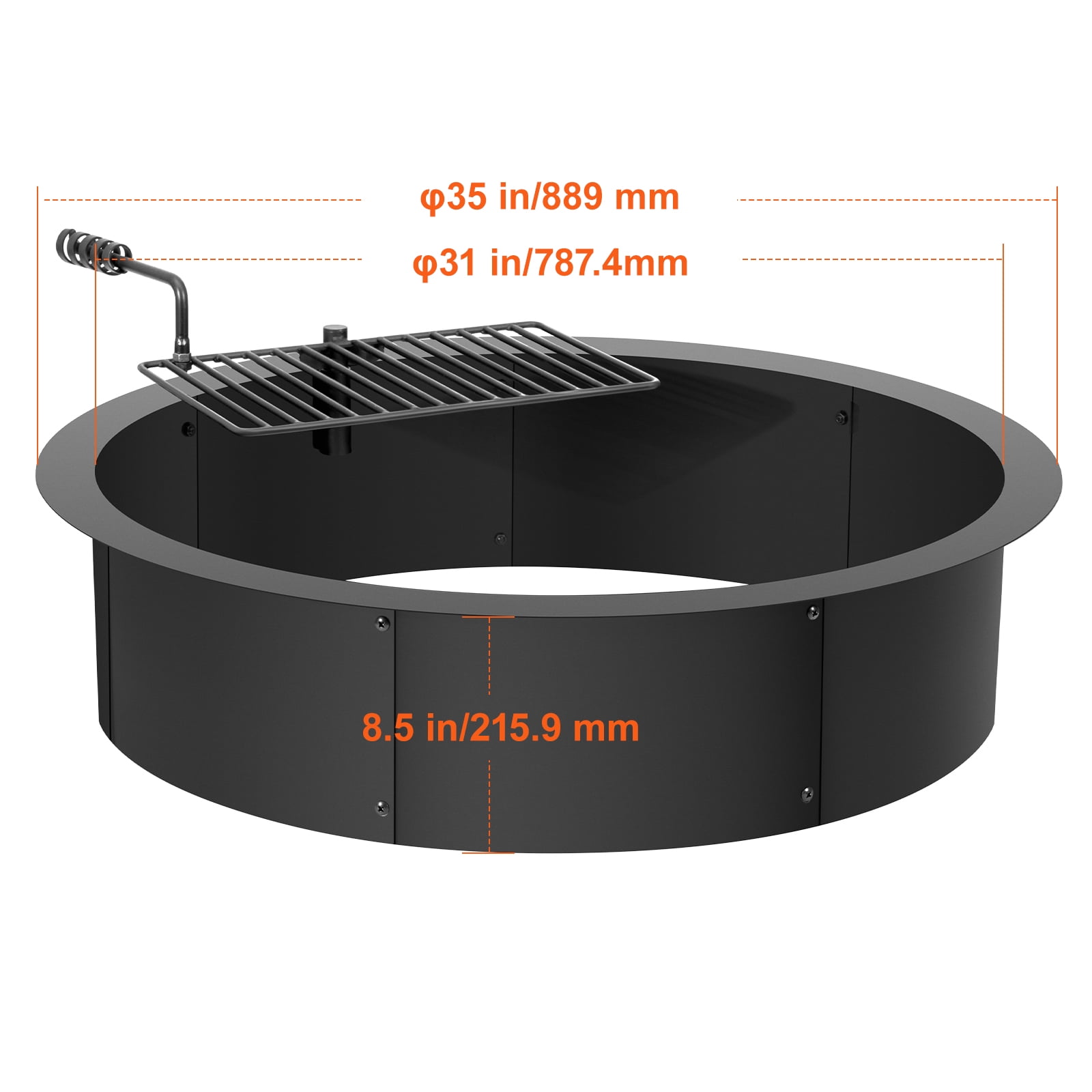 VEVOR Fire Pit Ring, Fire Pit Insert with Barbecue Fire Ring, 35-In Outer/31-In Inner Diameter, 8.5in Height, Carbon Steel Liner DIY Campfire Ring above/In-Ground, for Outdoor Camping, Bonfires