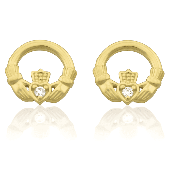 Vinali 14K Solid Yellow Gold Cz Tiny Celtic Claddagh Heart Stud Earrings