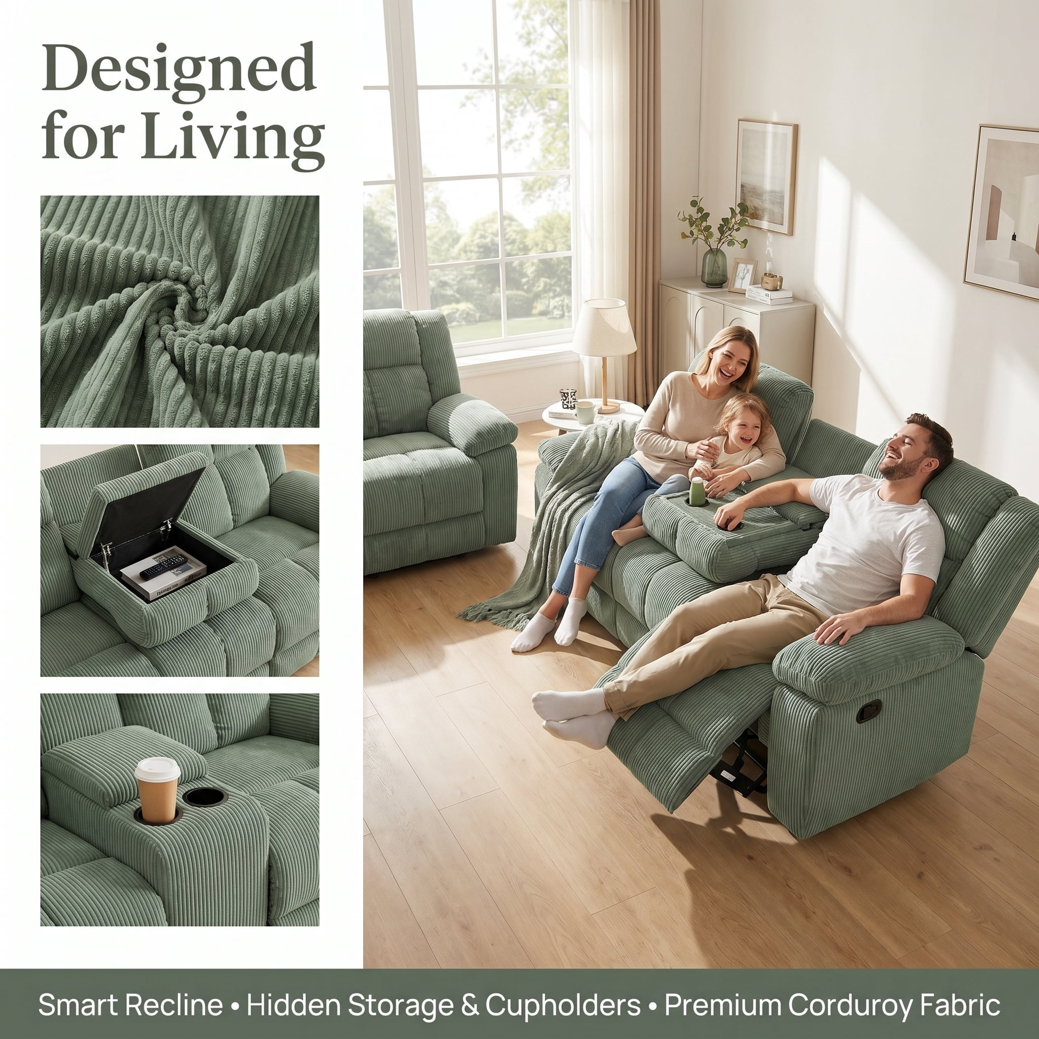 Corduroy Sectional Sofa Set, 3-Piece Soft Green Sofa Manual Recliner Couch with Loveseat & Recliner Chair, Built-in Cup Holders, Storage Console & Fold-Down Table, Plush Couch Set for Living Room