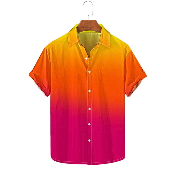 Sakmal Short Sleeve Button Down Shirts for Men Beach Vacation Tshirts Orange Gradient Mens Shirts L