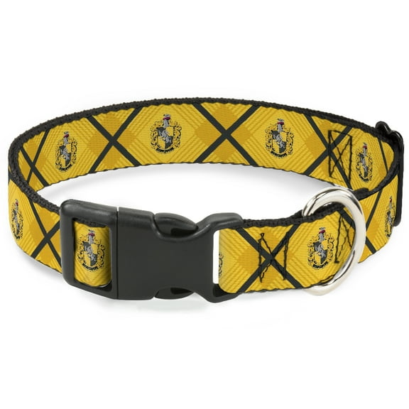 The Wizarding World of Harry Potter Pet Collar, Dog Collar Plastic Buckle, Harry Potter Hufflepuff Crest Plaid Yellows Gray, 7 to 8.5 Inches 0.5 Inch Wide