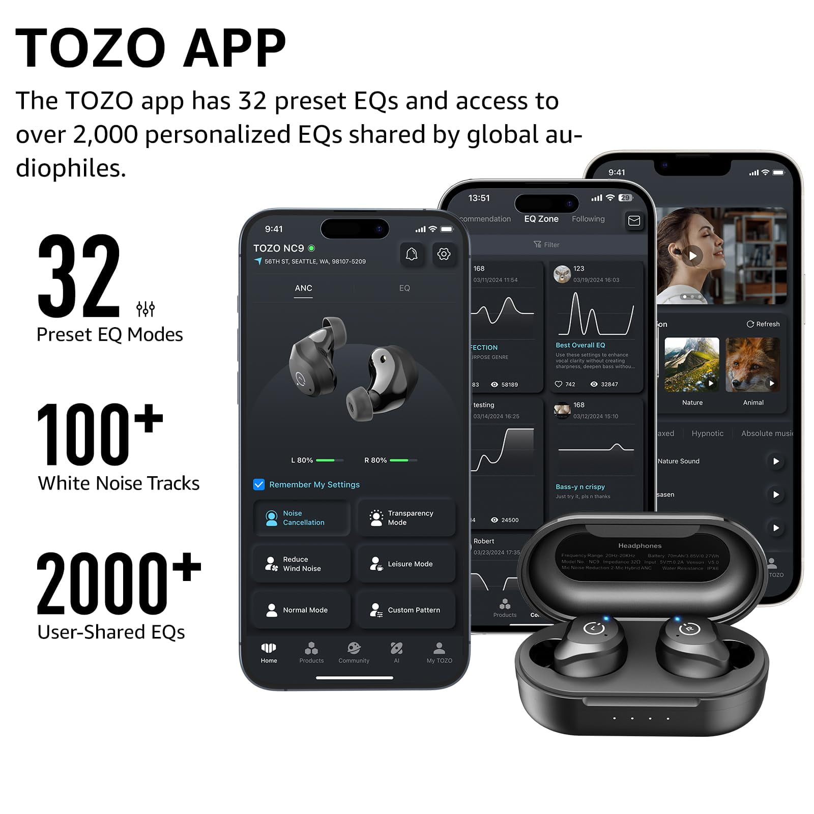 TOZO Bluetooth 5.3 Wireless Earbuds, Noise Cancelling Mics, Deep Bass, 59H Playtime, IPX6 Waterproof, Wireless Charging