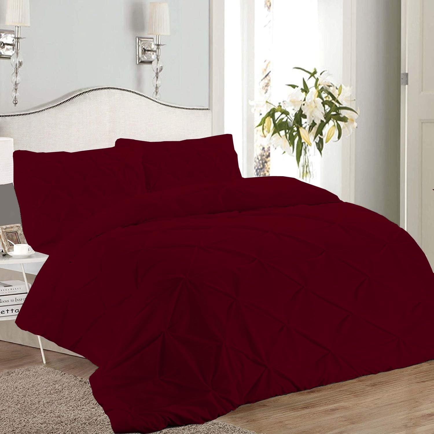 3 Piece Pinch Pleated Duvet Cover Set 100% Cotton 1000 TC with Zipper Closure & Corner Ties Pintuck Bedding Duvet Cover - King/California King Size (94" x 104") Inch, Burgundy Solid